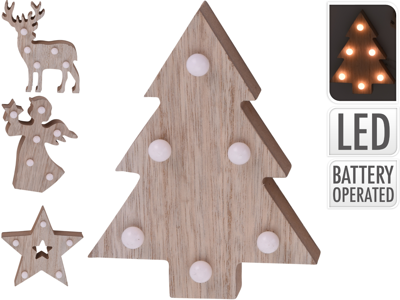 LED Deko Weihnachtsfigur Holz, Stern, Baum, Engel, Rentier