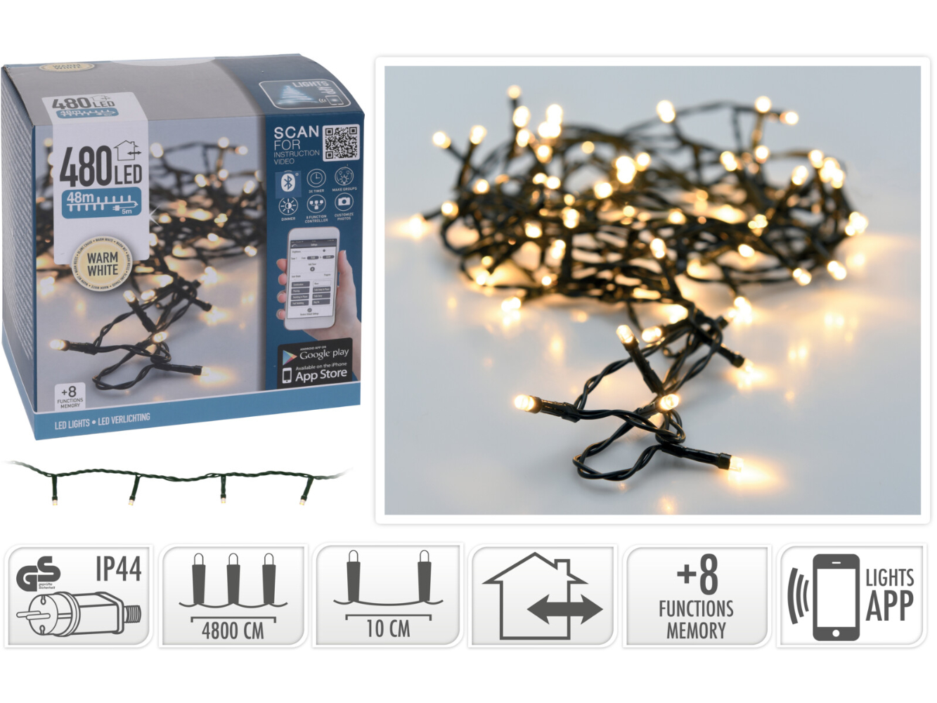 Bluetooth Lichterkette warmweiß für Innen & Aussen, 480 LED