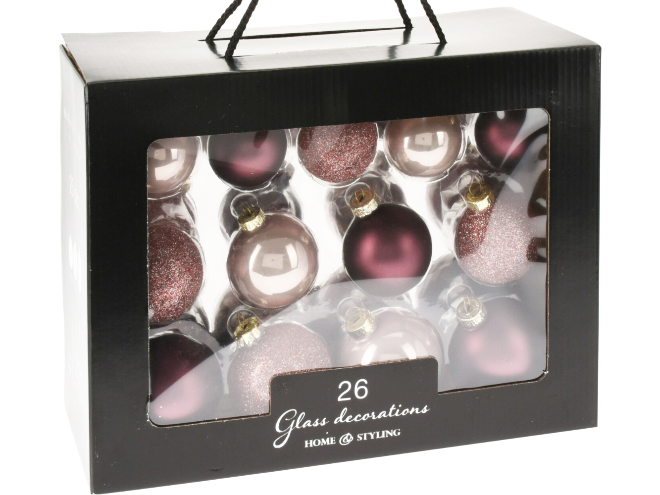 Weihnachtsbaumkugel Glas 26er Komplett-Set matt/glanz/glitter Bordeaux, Rosé